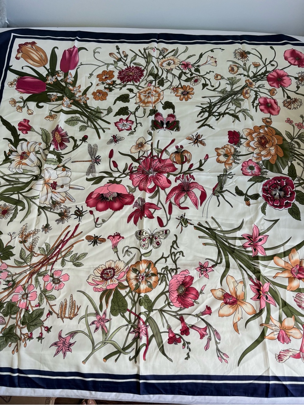 Floral Ivory 100%  Silk Satin Scarf with Pink & Green Bouquet Print